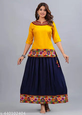 Rayon embroidery work top and skirt dress for Navratri, printed net pattern on three-quarter sleeves, women's Ghagra Choli Dress Combo for Garba Night, made in India