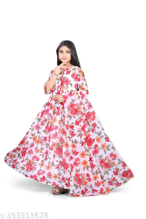 Elegant red printed net Kansai dress for girls, three-quarter sleeves, size 9-10 years (30in bust, 40in length)