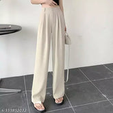 Beige cotton blend Korean-style wide-leg pants for back to office, double pleated and loose fit, size options: 26, 30, 32, 34 (Waist: 26/30/32/34 in, Length: 40 in)