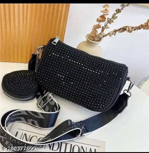 Fancy PU sling bag, embellished with rhinestones, free size (10x3x5 inches), from India