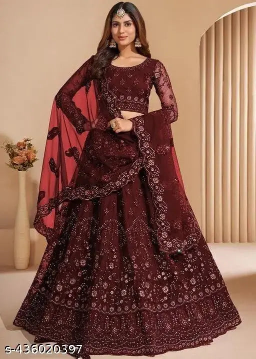 Embroidered net lehenga set, free size with intricate embroidery on skirt, blouse, and dupatta, Indian origin