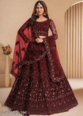 Embroidered net lehenga set, free size with intricate embroidery on skirt, blouse, and dupatta, Indian origin