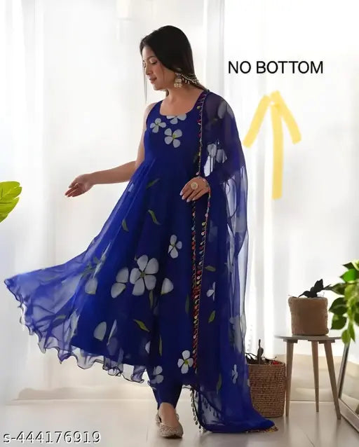 Fancy Georgette sleeveless printed net women's gown, high-quality Indian fashion for weddings or parties