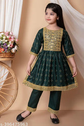 Embroidered Naira cut cotton kurti with palazzo pants for kids girls, latest design in Indian ethnic wear. Three-quarter sleeves, round neck, and calf length. Cotton fabric, no dupatta