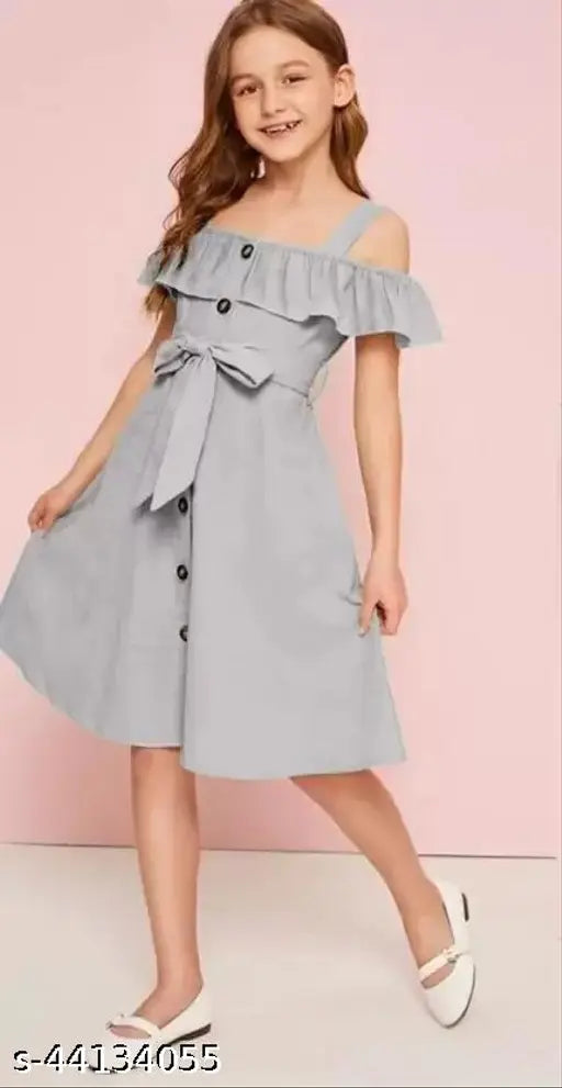 Grey cotton blend short sleeve frock for girls (6-12 years), solid pattern, Indian origin