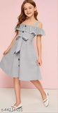 Grey cotton blend short sleeve frock for girls (6-12 years), solid pattern, Indian origin
