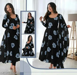 Georgette designer anarkali gown with dupatta, printed long sleeves, festival wear