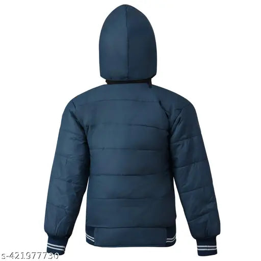 Extra warm waterproof polyester bomber jacket for boys - solid pattern, hooded design, perfect for family gatherings