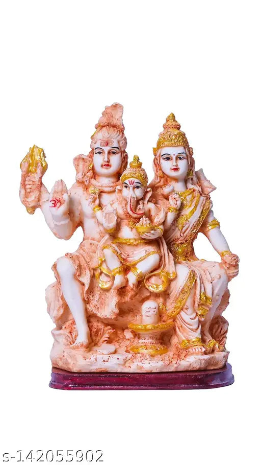 Antique poly resin Lord Shiv Parivar statue, featuring Shiva, Parvati, Ganesha. Durable and long-lasting marble look. Ideal for pooja, home décor, or gift giving. Hand-painted with gold & other colors. 10cm L x 15cm H x 8.5cm B. Made in India