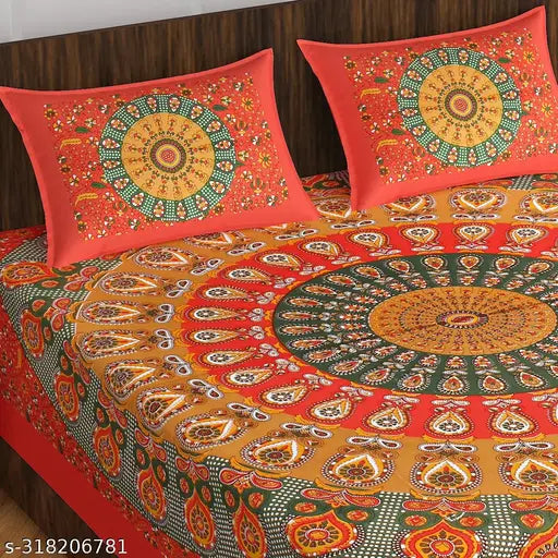 Red Mirchi King Size Double Bed Sheet, 100x90 inches Rajasthani Jaipuri floral cotton