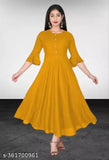 Stylish mustard rayon Anarkali kurti with gown flare, three-quarter sleeve, round flared silhouette for women's casual and formal wear