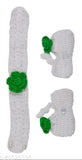 Green & white hand-knitted crochet baby frock, colorblocked woolen dress for girls (0-6 months), Indian craftsmanship