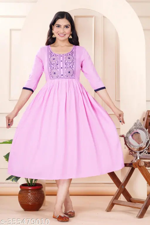 Rayon anarkali embroidered dress for festive Indian party wear, solid color with three-quarter sleeves