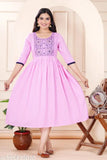 Rayon anarkali embroidered dress for festive Indian party wear, solid color with three-quarter sleeves