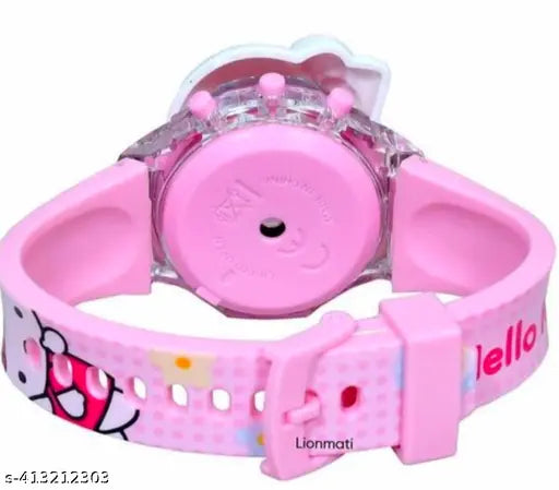 Trendy pink silicon & multicolor kitty cartoon musical & disco light digital watch for kids, ideal for unisex outfits. Made in India
