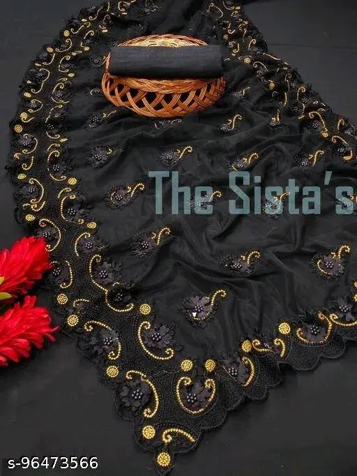 Soft net partywear saree with floral embroidery, free size, Indian origin