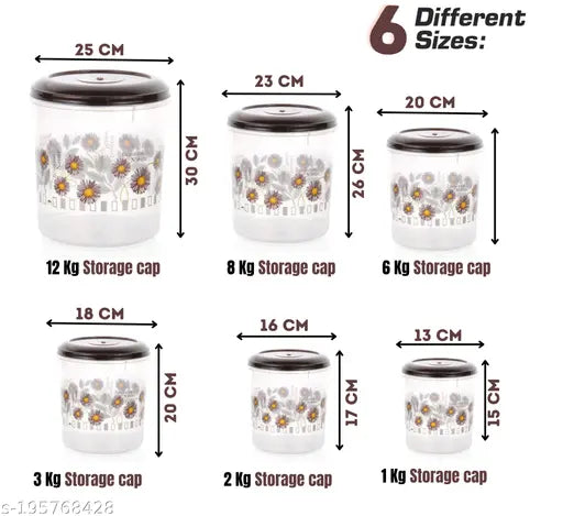 Brown Veksin mixer container set, airtight plastic mixer jars (12KG, 8KG, 6KG, 3KG, 2KG, 1KG) for kitchen storage
