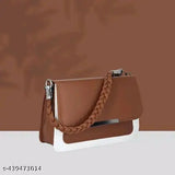 Brown sling bag for women & girls, mustard yellow and white fabric accessory with braided strap and 2 compartments