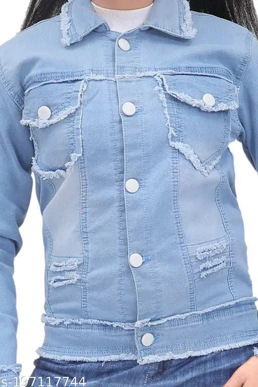 Women's long sleeve washed denim stretch jacket, solid color for teen girls, high-quality casual and formal wear from India