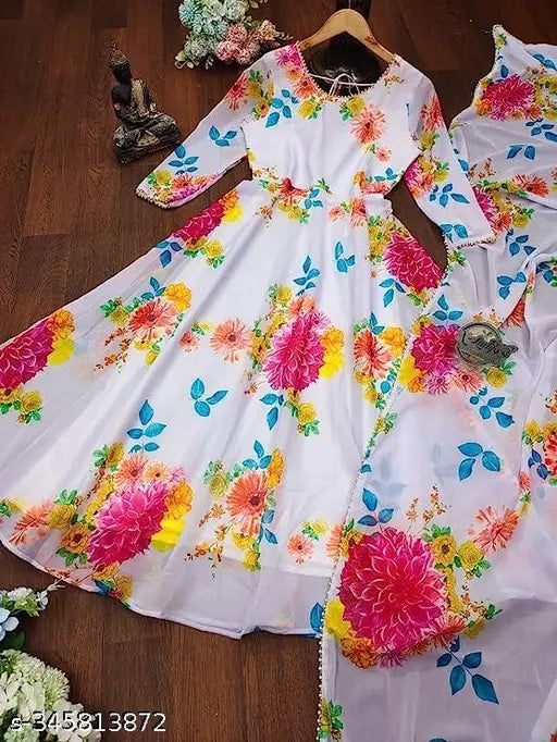 White Georgette floral printed trendy gown for women, with matching dupatta and multi-color pattern