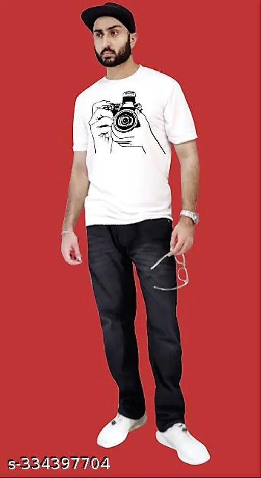 White polyester round neck sports t-shirt with camera print, high-quality sublimation printing on soft Sarina fabric, size L (chest 42 in, length 27 in)