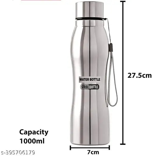 Silver stainless steel slim water bottle (1000ml), leak-proof and shatterproof for men and women, ideal for school, college, fridge, home & office use