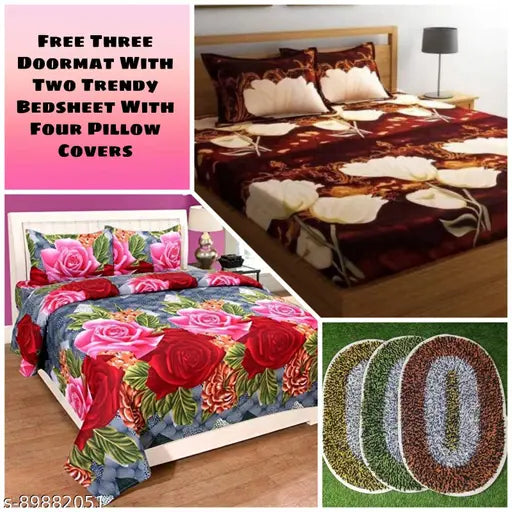 Glace cotton, floral-print superfine double bed sheets combo (90x90), 4 pillow covers (27x17), + 3 bathmates free - summer-ready trendy bedding for adults