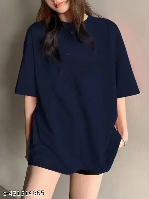 Cotton oversized t-shirt, plus size, solid color, three-quarter sleeves for women's comfort wear