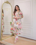 Rayon print kurti set with pants, three-quarter sleeves, sizes M-XXXL. Upgrade ethnic style with Indian-inspired women's fashion