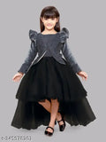 Black viscose rayon long-sleeved dress for kids (4-8 years), stylish party or wedding wear