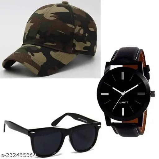 Green Army Baseball Cap + Black Sunglass & Green Army Watch Combo for Men/Boys (Pack of 3) - Cotton baseball cap with printed pattern, leather strap watch, and buckle clasp. Made in India
