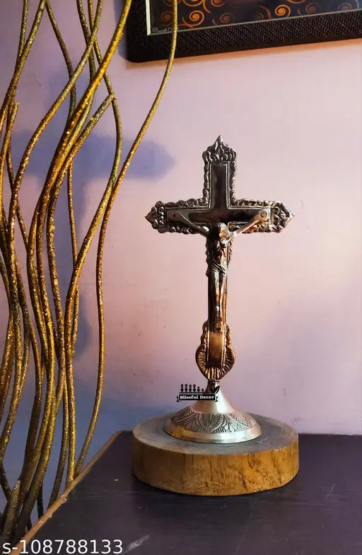 Brass statue of Jesus Christ on cross for home decor, intricately detailed Indian-made standing altar cross symbolizing love and self-sacrifice
