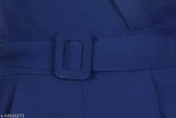 Blue polyester sleeveless jumpsuit for ladies, solid blue on model standing