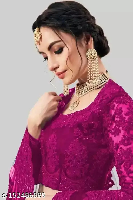 Embroidered net lehenga choli and dupatta set, semi-stitched in heavy Indian style (Lehenga waist size: 44m, Lehenga length size: 42m, Dupatta length size: 2.2m)