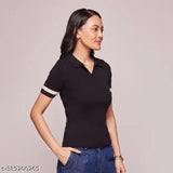 Black cotton blend women's solid regular T-shirt, short sleeves, elevates casual wardrobe
