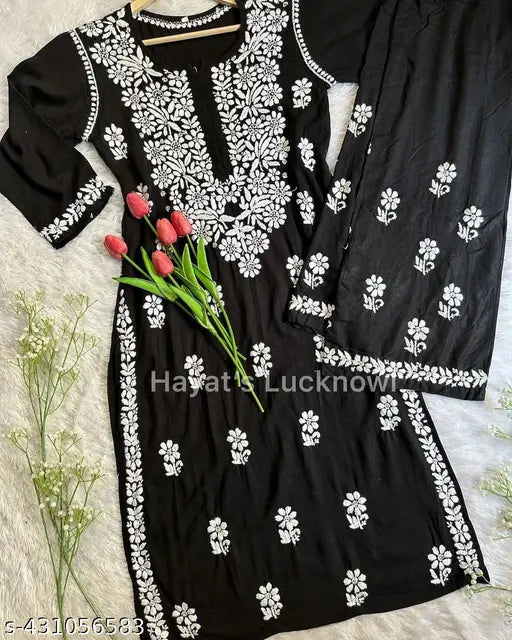 Black Chikankari rayon kurta set with embroidered palazzos, 14kg, various sizes available