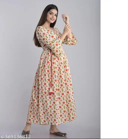 Cream rayon kurti with trendy print, three-quarter sleeves for women, India origin