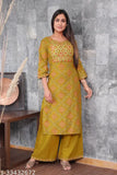 Embroidered rayon kurta set with palazzos, fancy women's three-quarter sleeve outfit from India