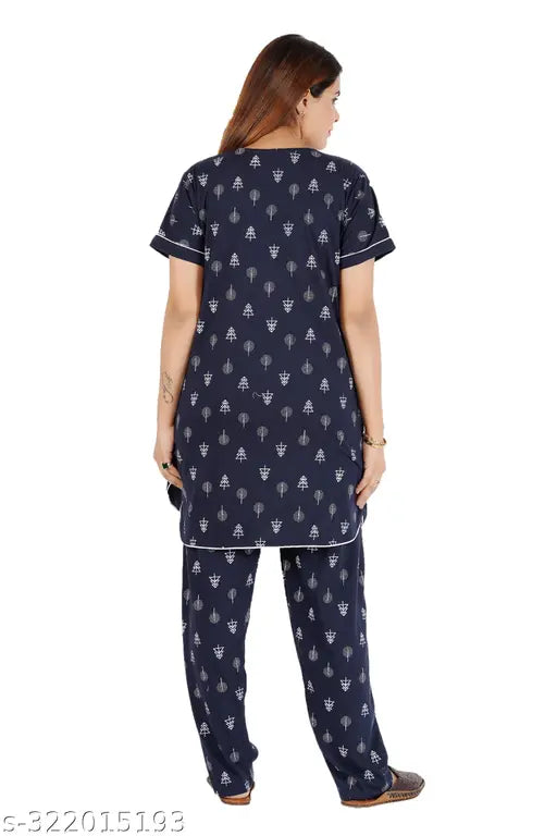 Rayon cotton night suit top and pyjama set with pocket, printed pattern, short sleeves, comfortable casual wear