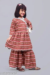 Orange printed anarkali palazzo pants kurta set for girl, pure cotton festive collection by Queenpinenterprise