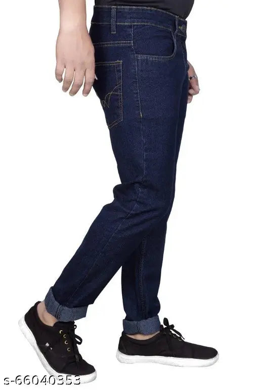 Just black men's skinny dark blue jeans, cotton, regular fit, stretchable, solid pattern. Sizes include 28, 30, 32, 34, 36, 38, 40, 42, 44, 46, 48, 50 (inches). Made in India