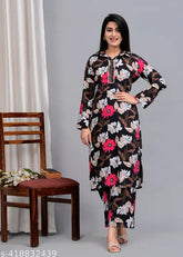Printed Black Floral Rayon Kurta & Palazzo Set for women, elegant Indian party wear