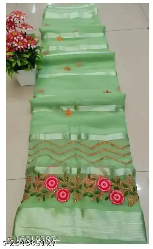 Embroidered net chiffon saree with satin patta and jari weaving, soft watless design for Indian women. Free size (5.5m saree length, 0.8m blouse length). Indian handcraft