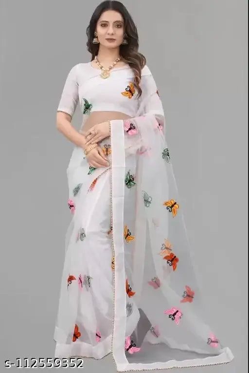 White net saree with embroidered blouse, Mavani Creation Self Design Fashion, ideal for any occasion in India