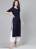 Navy Blue Rayon Kurta Set with Palazzos & Dupatta: V-neck kurta, short sleeves, side slits; white palazzo with elastic waistband & pocket; navy blue & white printed dupatta featuring tessels. Machine washable Indian clothing