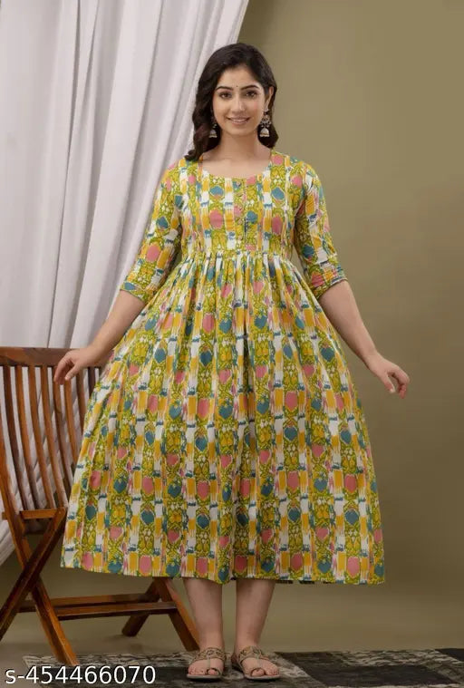 Yellow ikat print maternity kurti/gown (cotton), adjustable back robe, feeding access with concealed zipper - Indian made maternity dress with 3/4 sleeves, suitable for pre & post-maternity wear in sizes S-XXXL