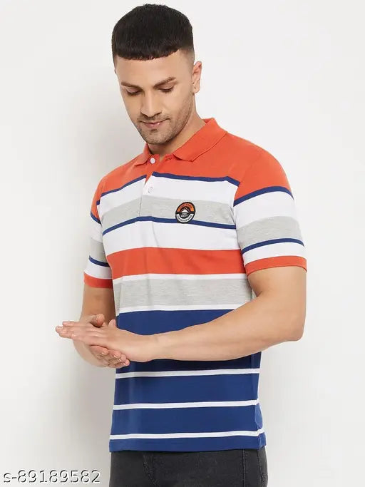 Colorblocked cotton blend men's polo t-shirt with half sleeves, embroidery detail on rust background