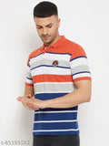 Colorblocked cotton blend men's polo t-shirt with half sleeves, embroidery detail on rust background