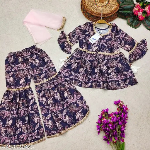 Cotton anarkali Aliya top with sharara dupatta set for girls, solid pattern, long sleeves, Indian outfit for special occasions