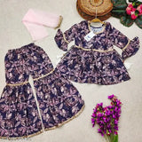 Cotton anarkali Aliya top with sharara dupatta set for girls, solid pattern, long sleeves, Indian outfit for special occasions